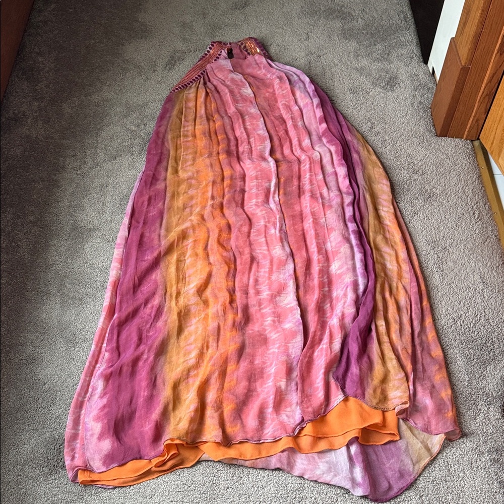 Zara Pink Orange Ombre Halter Chiffon Midi Dress Size M Tie Dye - Picture 6 of 8